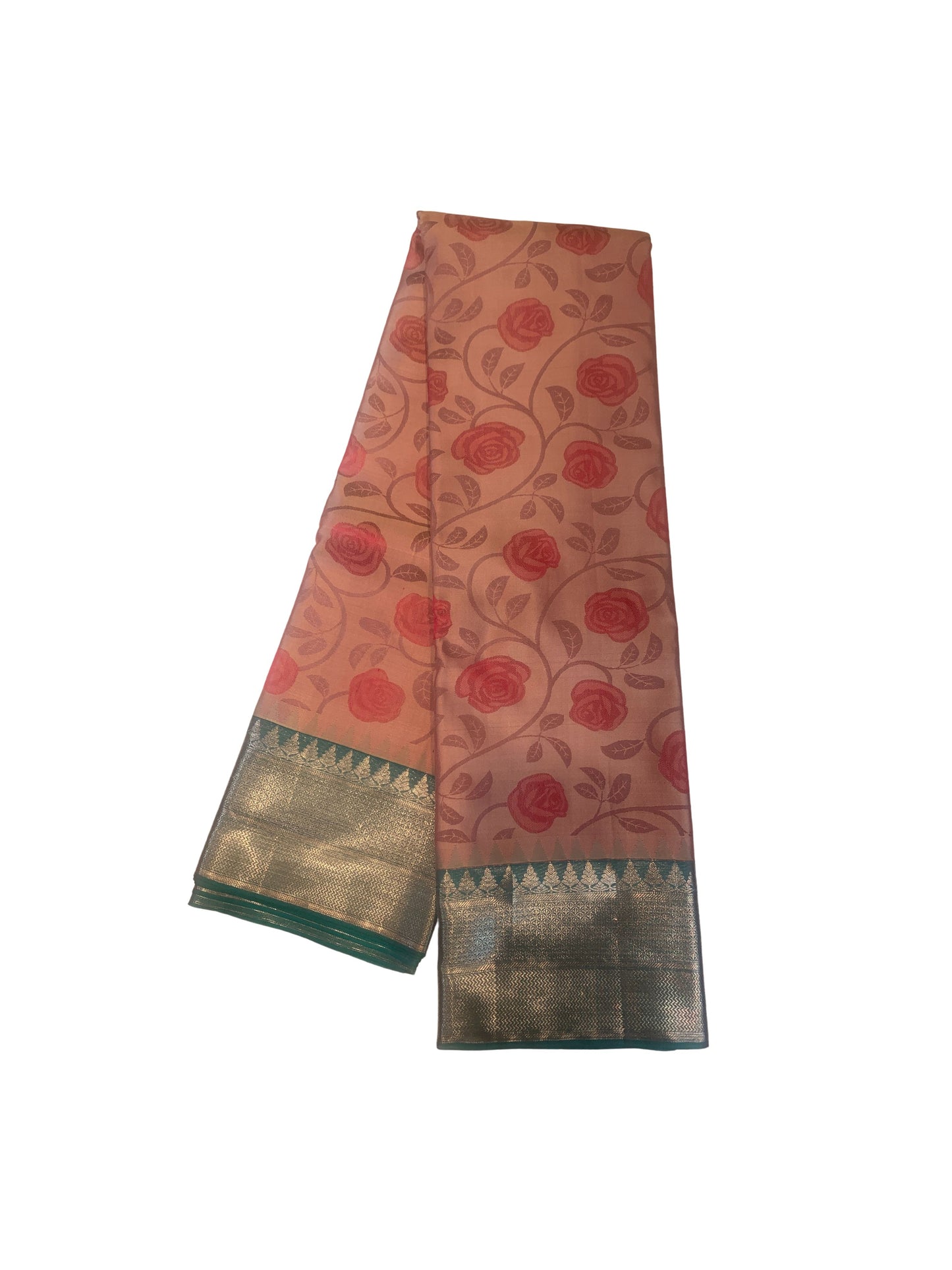 Pink floral pure silk saree with contrast teal border in silver zari