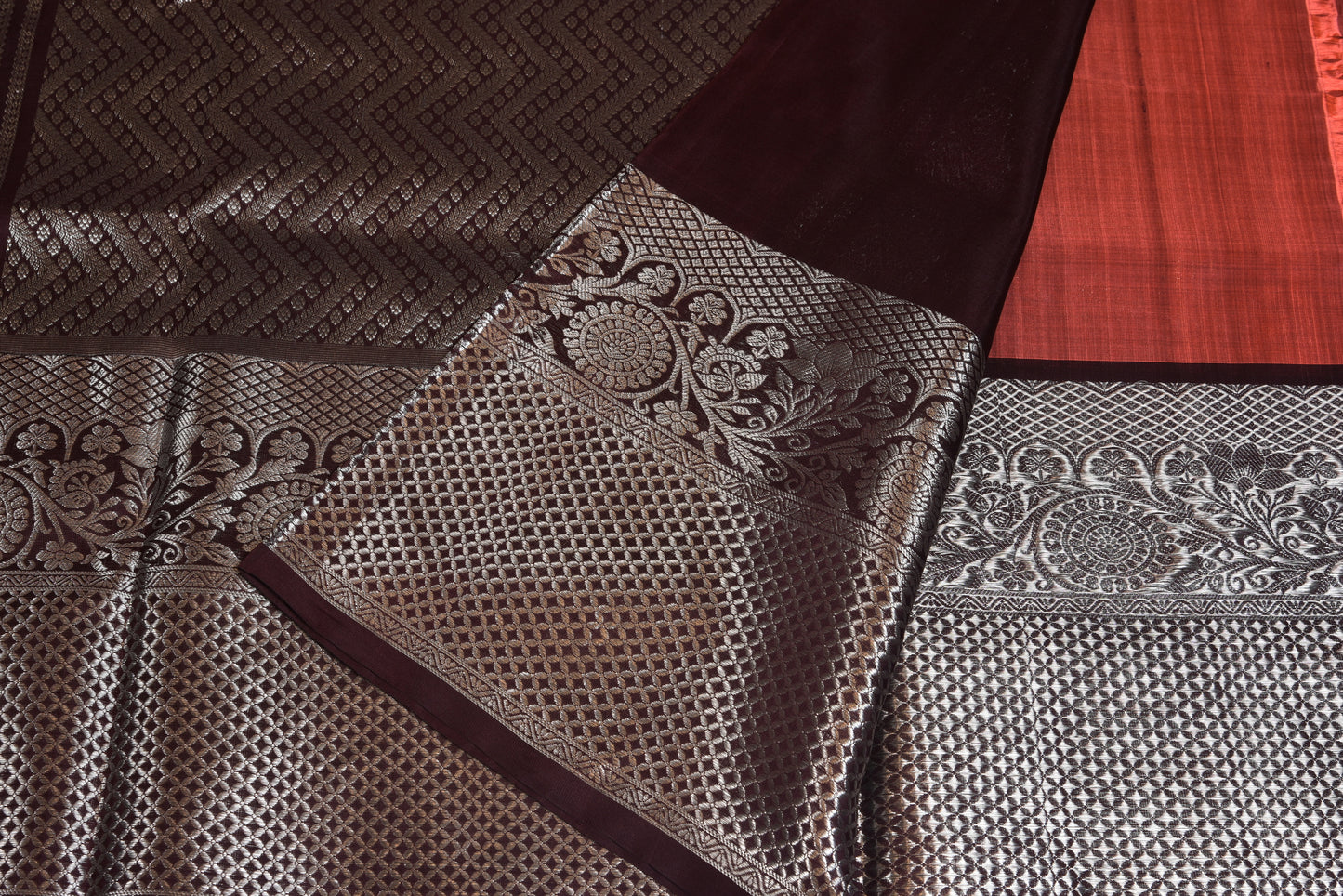 Classy dark brown silk saree with silver zari