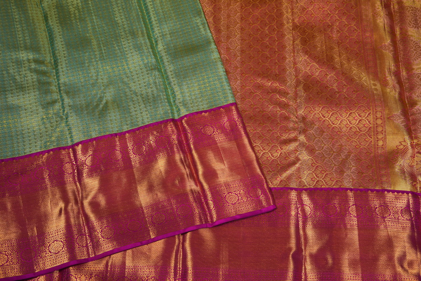 Serene mint green pattu saree with tremendous long pink border