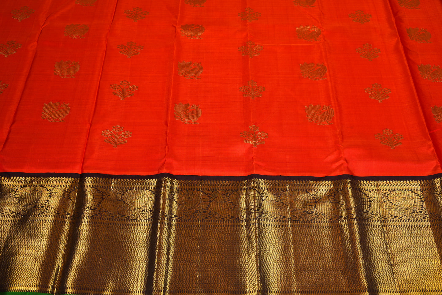 Orangish retro silk saree with forest green long border