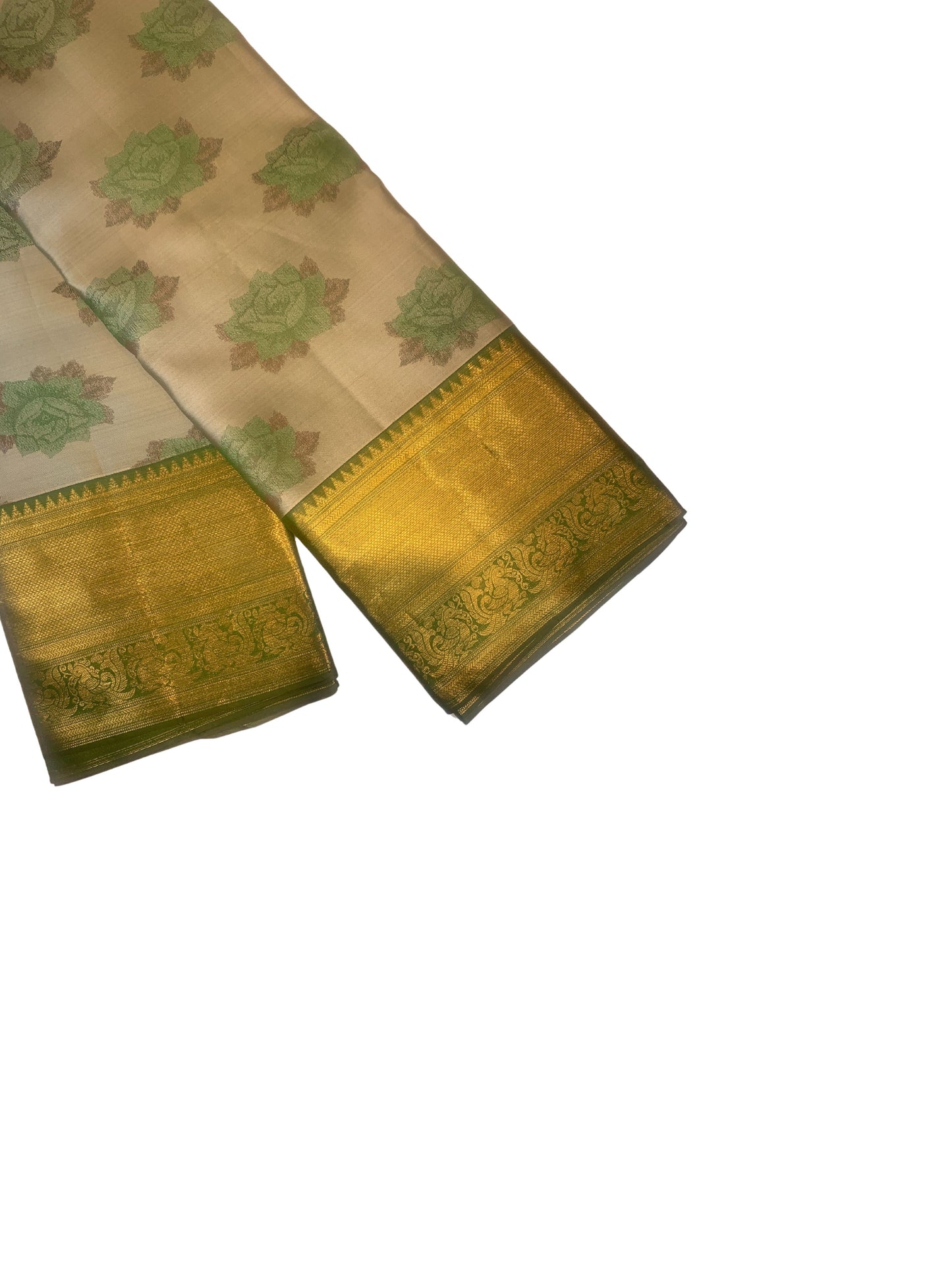 Subtle floral green silk saree with long golden border